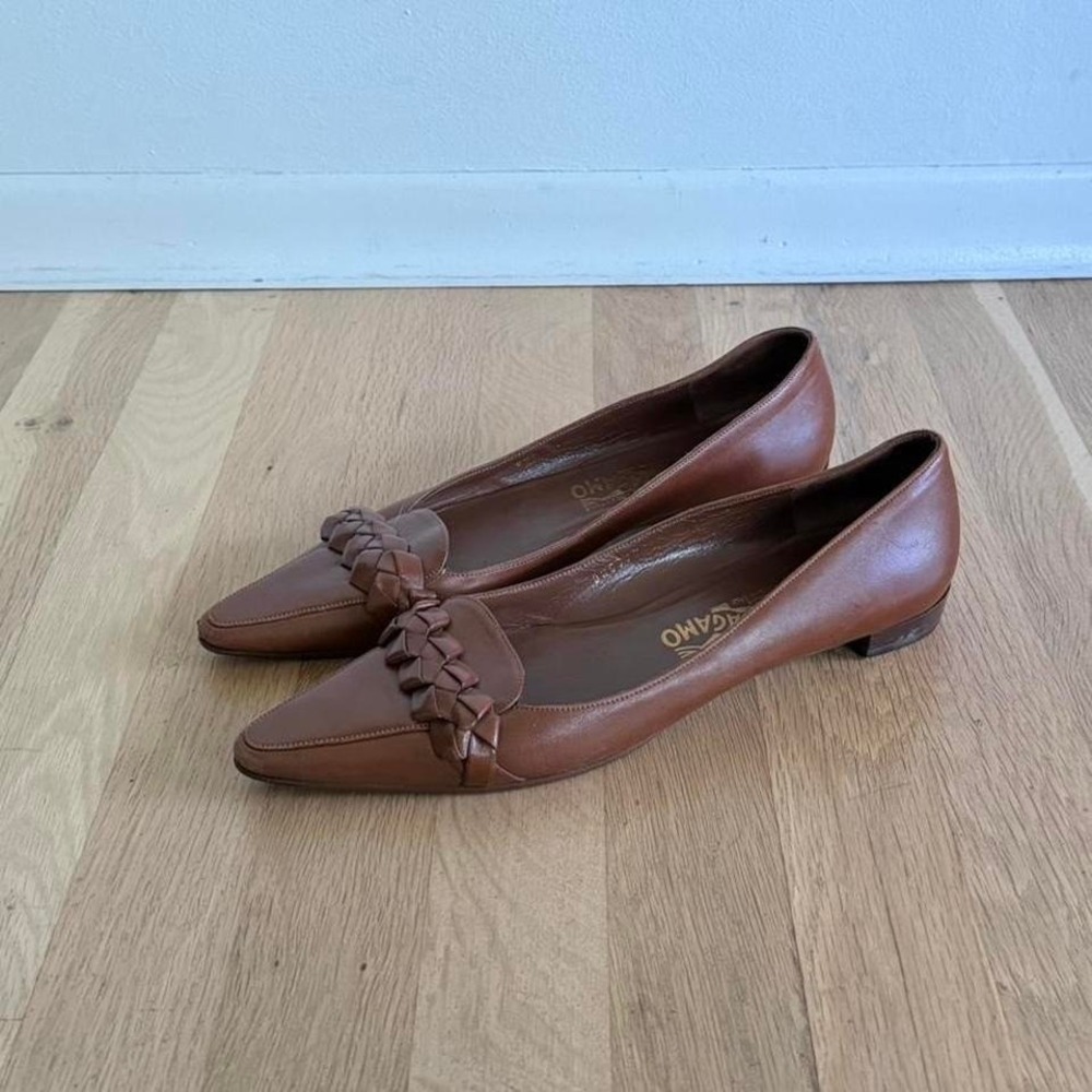 Vintage Salvatore Ferragamo Brown Leather Woven Pointed Flats Classic Size 8.5 - Picture 3 of 7